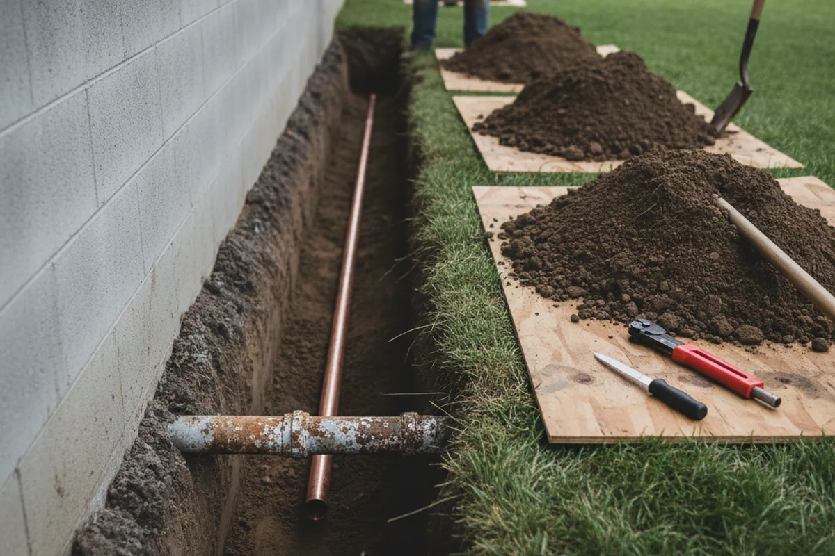 Excavated water line trench during Sewer Line Repair in Carlotta